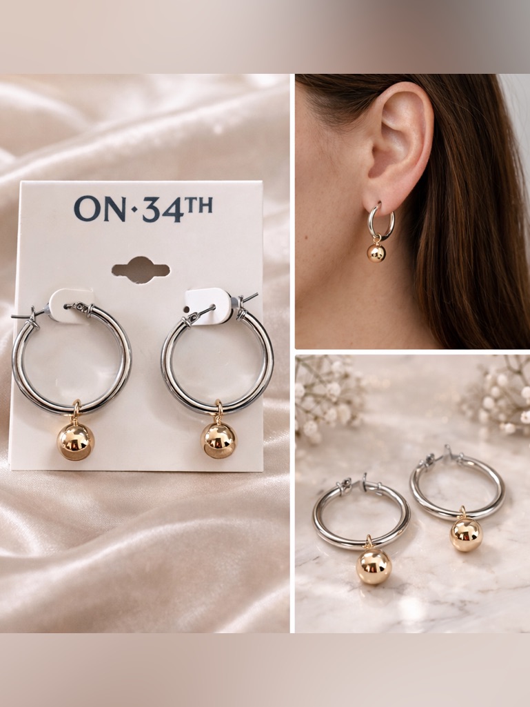 On 34th Two-Tone Hoop Earrings With Gold Ball Drop New $49.50 Msrp